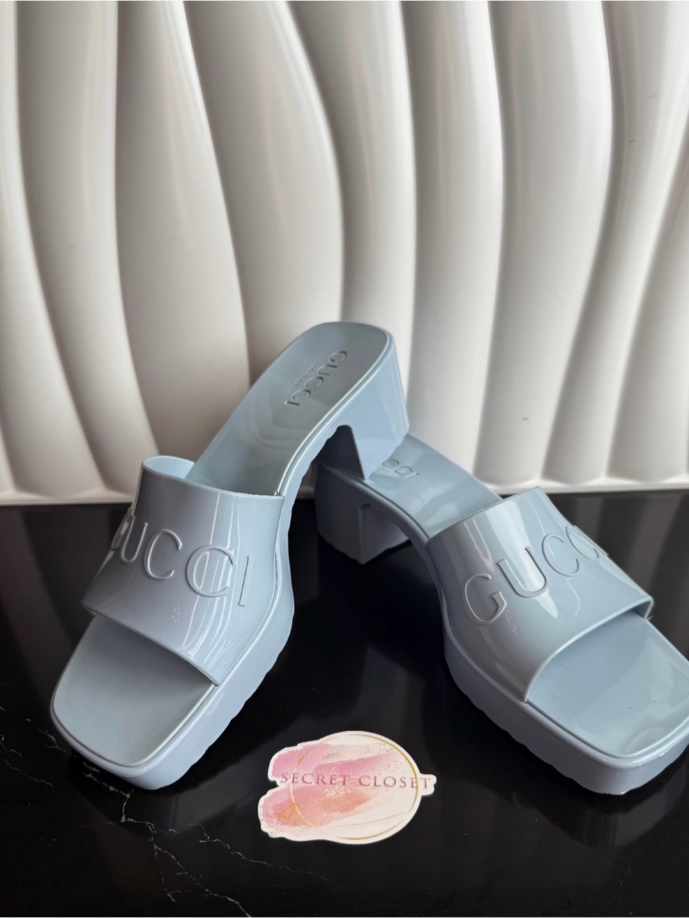 Gucci Light Blue Patent Slide Mules with Embossed Logo
